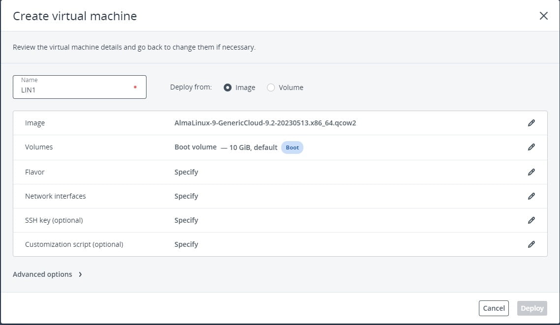 Virtuozzo VM Oluştur, Özel Script Ekle
